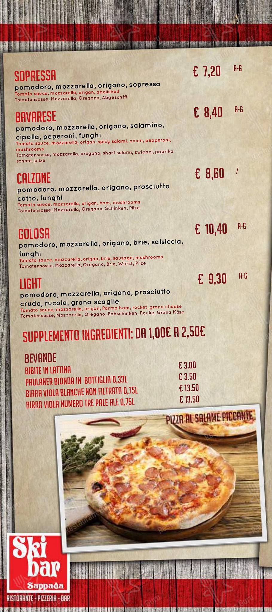 Takeaway Menu per SKIBAR SAPPADA RISTORANTE PIZZERIA HAMBURGERIA GOURMET asporto in Sappada
