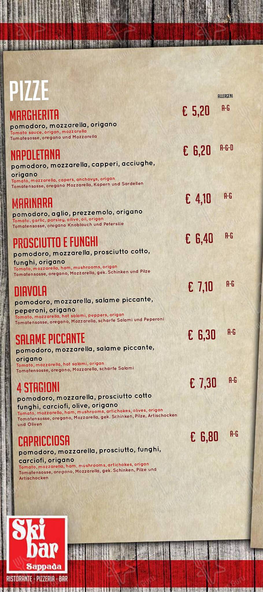 Takeaway Menu per SKIBAR SAPPADA RISTORANTE PIZZERIA HAMBURGERIA GOURMET asporto in Sappada