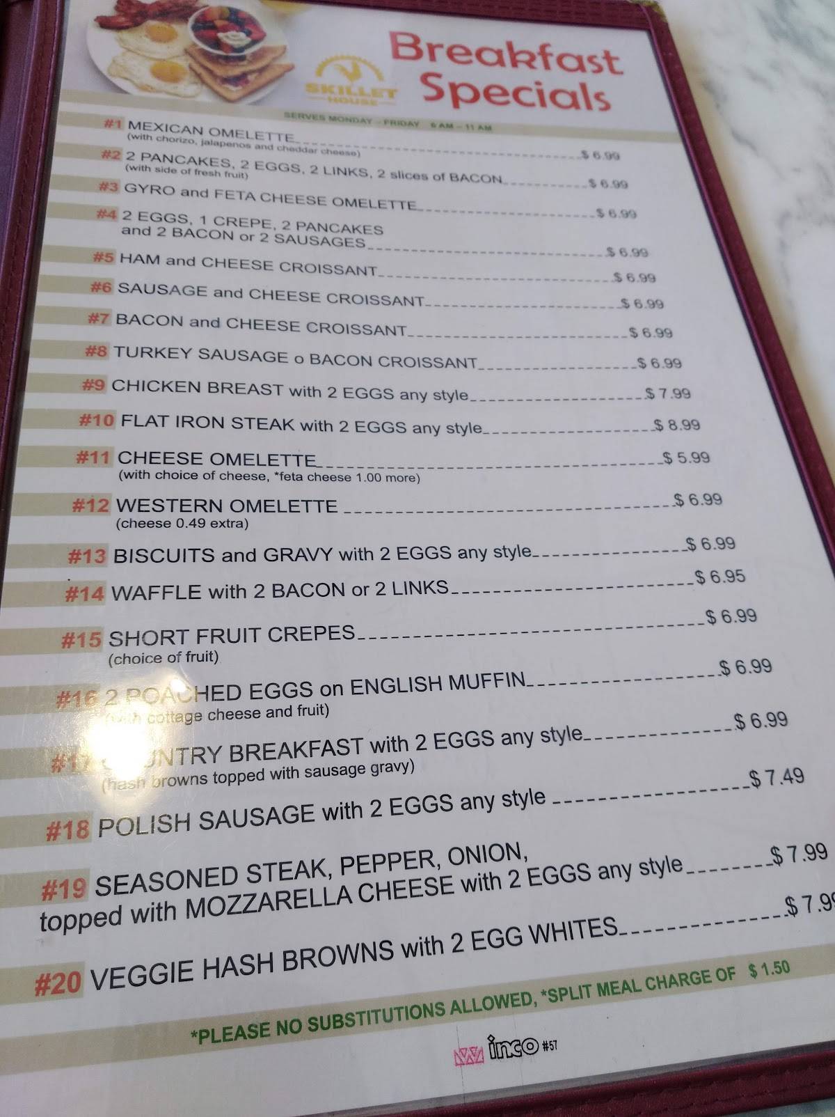 Menu at Skillet House restaurant, Oak Lawn, S Cicero Ave