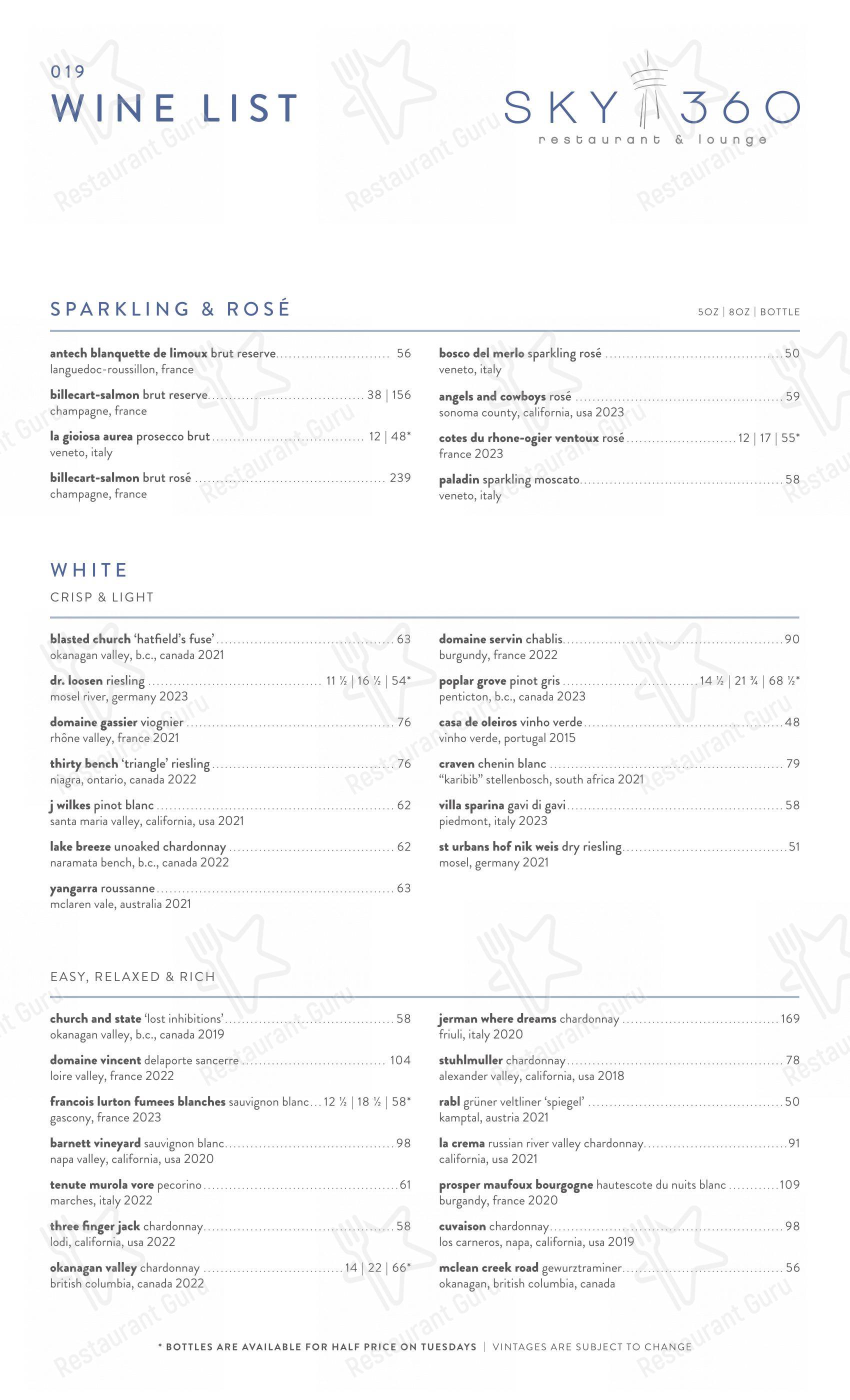 Menu pour Sky 360 - plats et boissons
