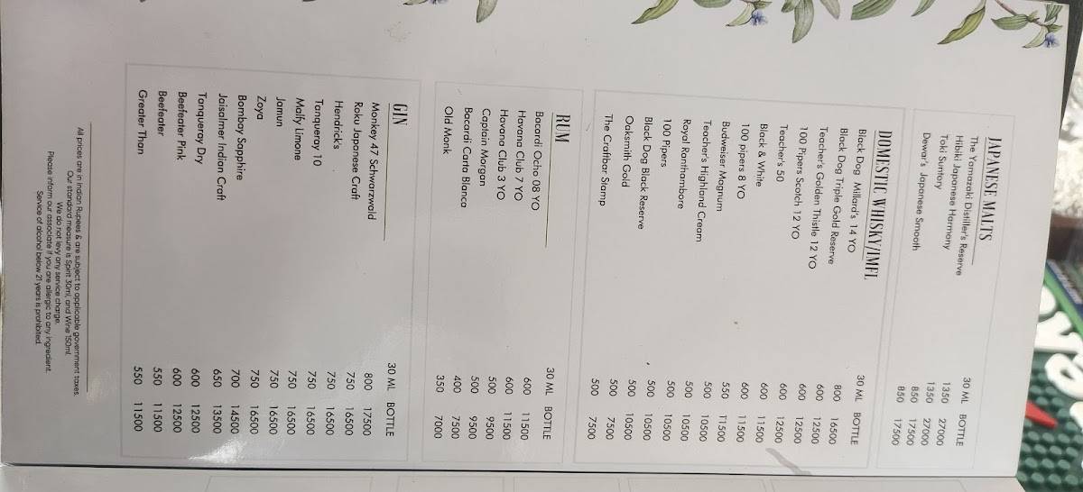 Sky Bar menu