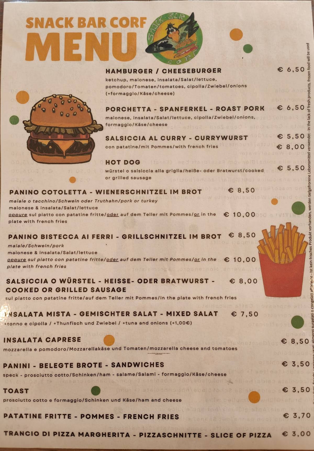 Menu di Snack Bar Corf 