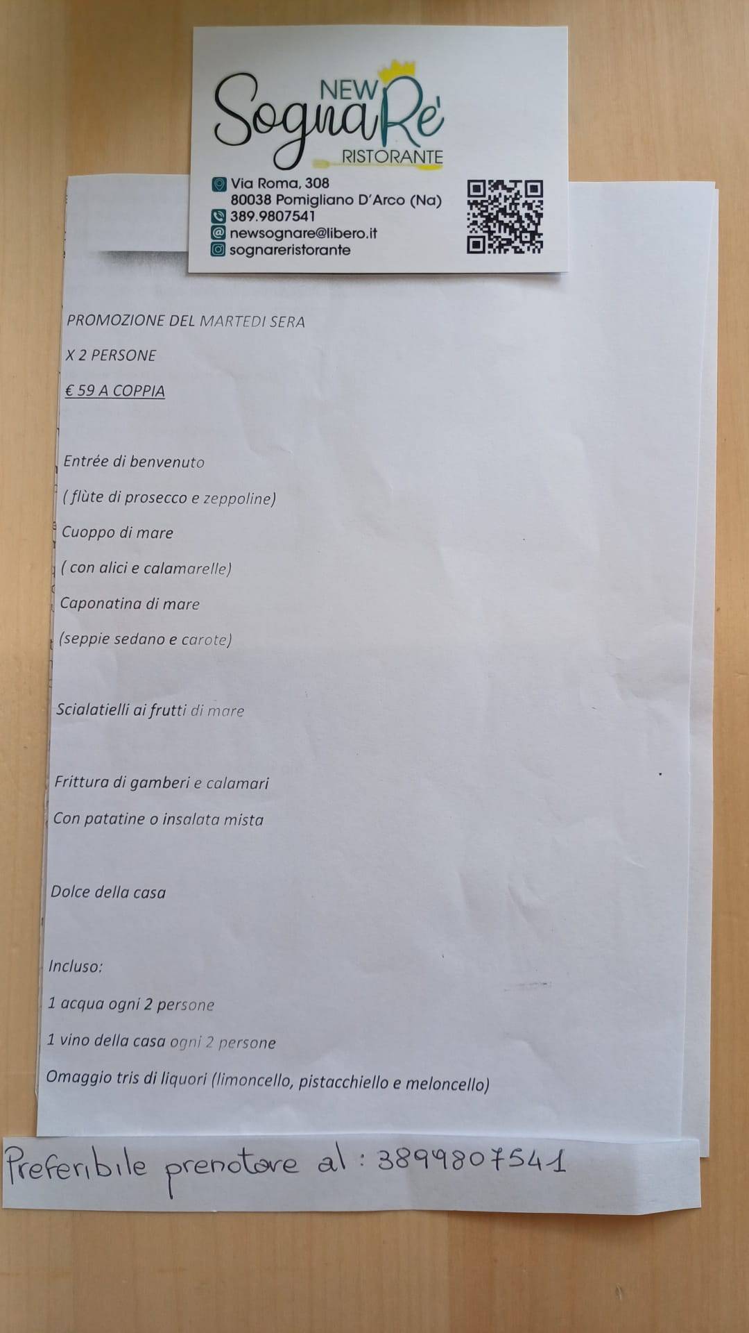 Menu di Ristorante Sognare 