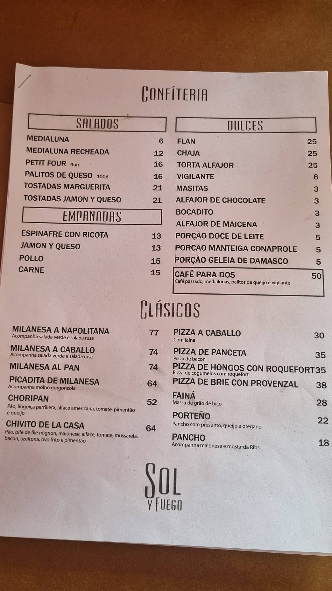 Sol y Fuego Restaurante Uruguayo cardápio