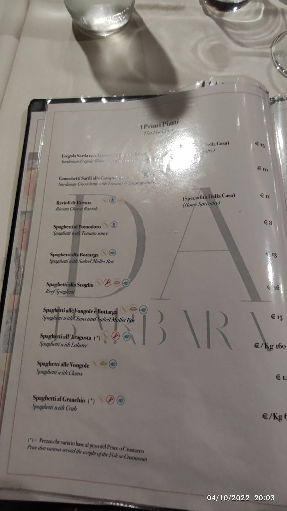 Menu di Ristorante Da Barbara di Asuni Lazzaro e C. 