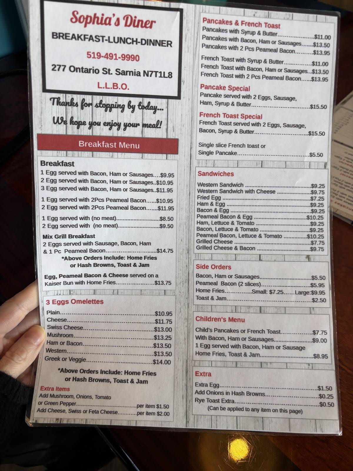 Menu au Sophia's Diner restaurant, Sarnia