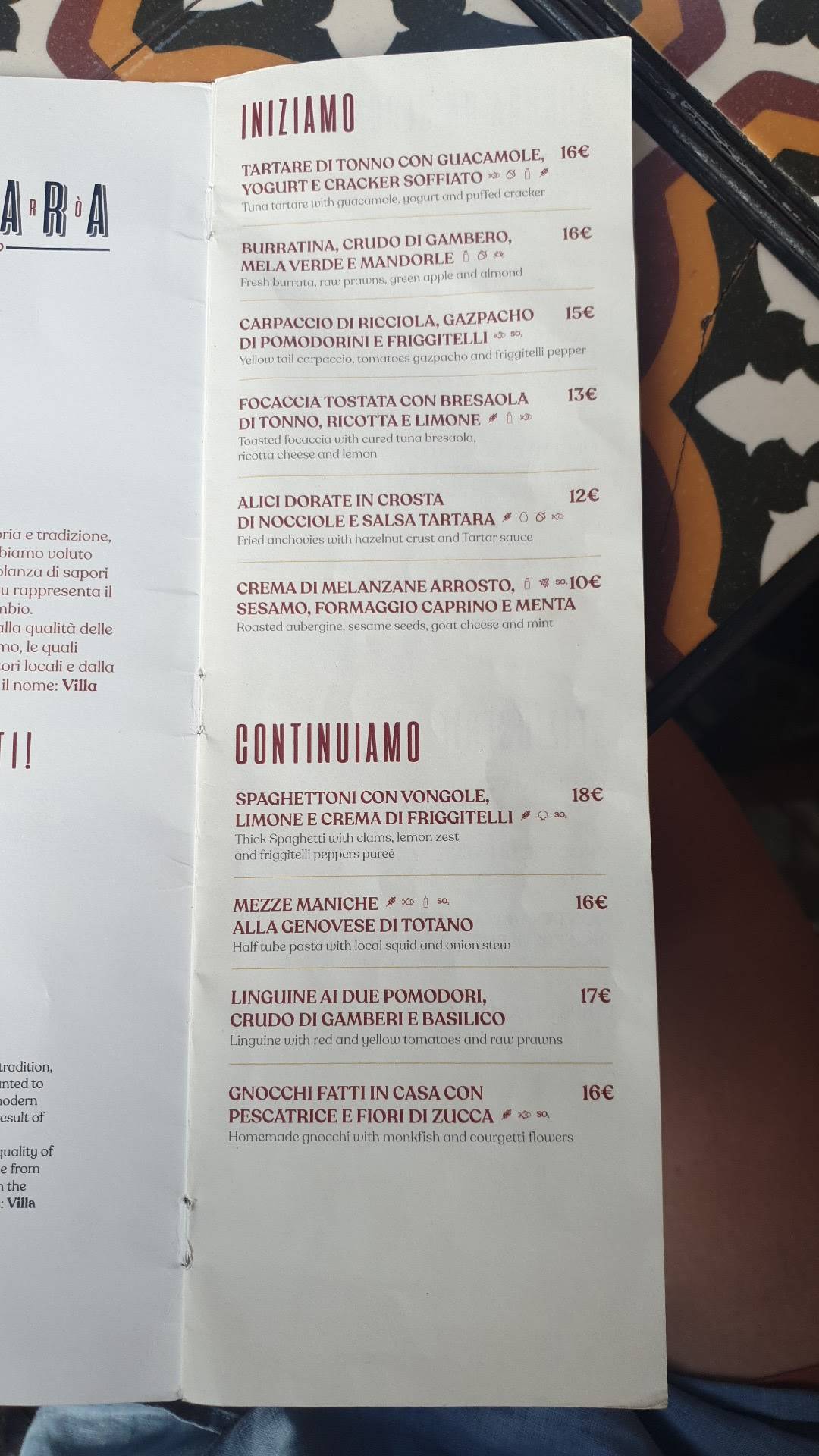 Menu di Spadara Bistrò 