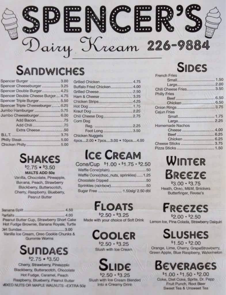 Menu at Spencer's Dairy Kream fast food, Grenada