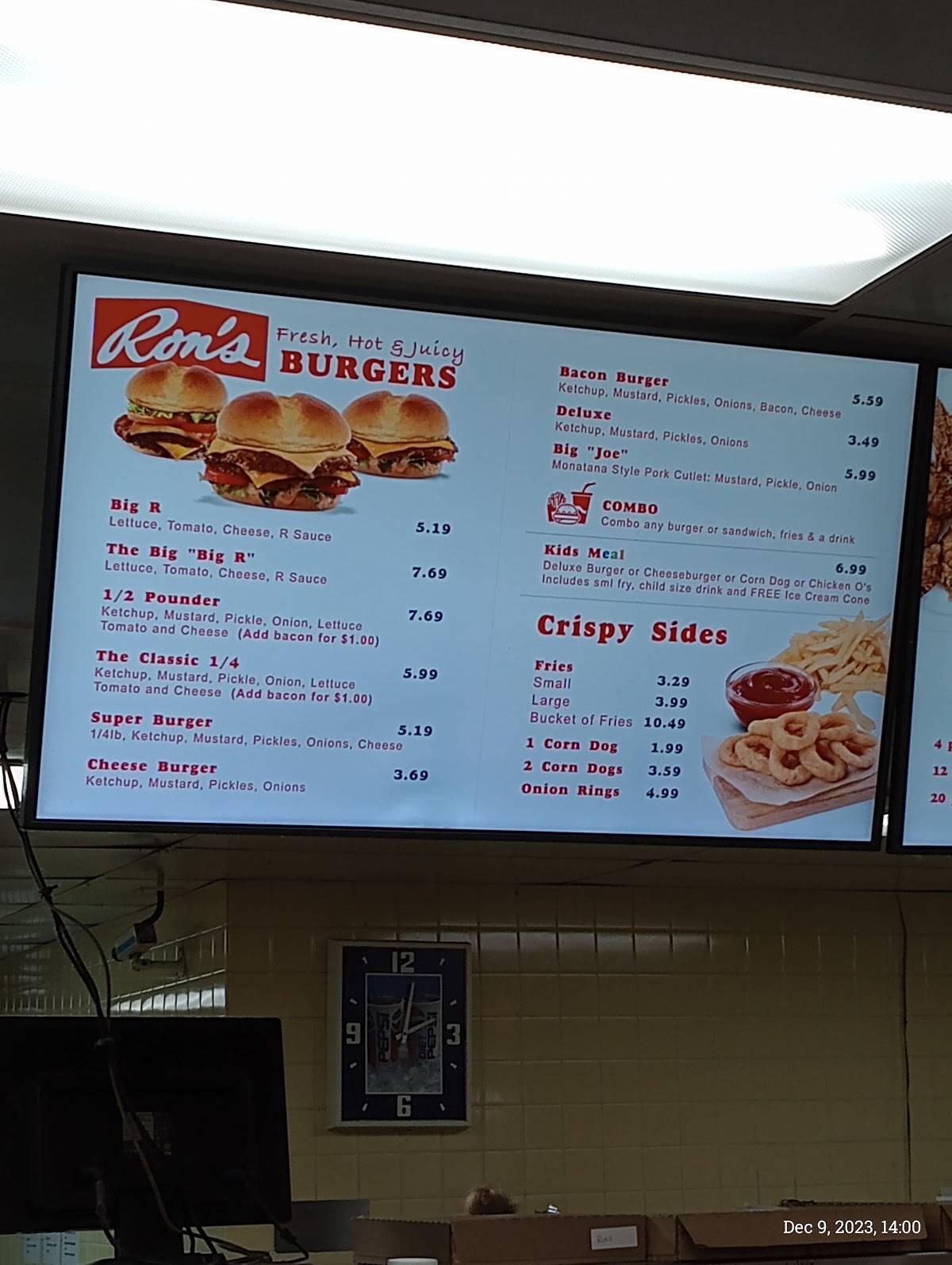 Menu at Ron's DriveIn restaurant, Spokane Valley