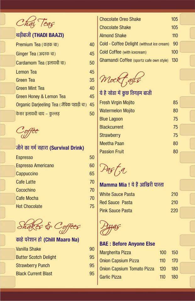Sportz Cafe Alwar City menu