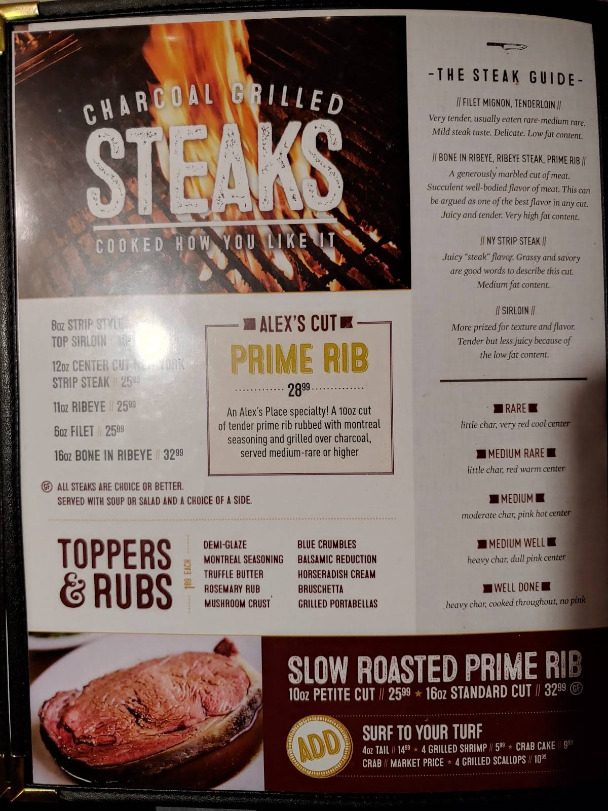 Menu at Alex's Place steakhouse, Batavia