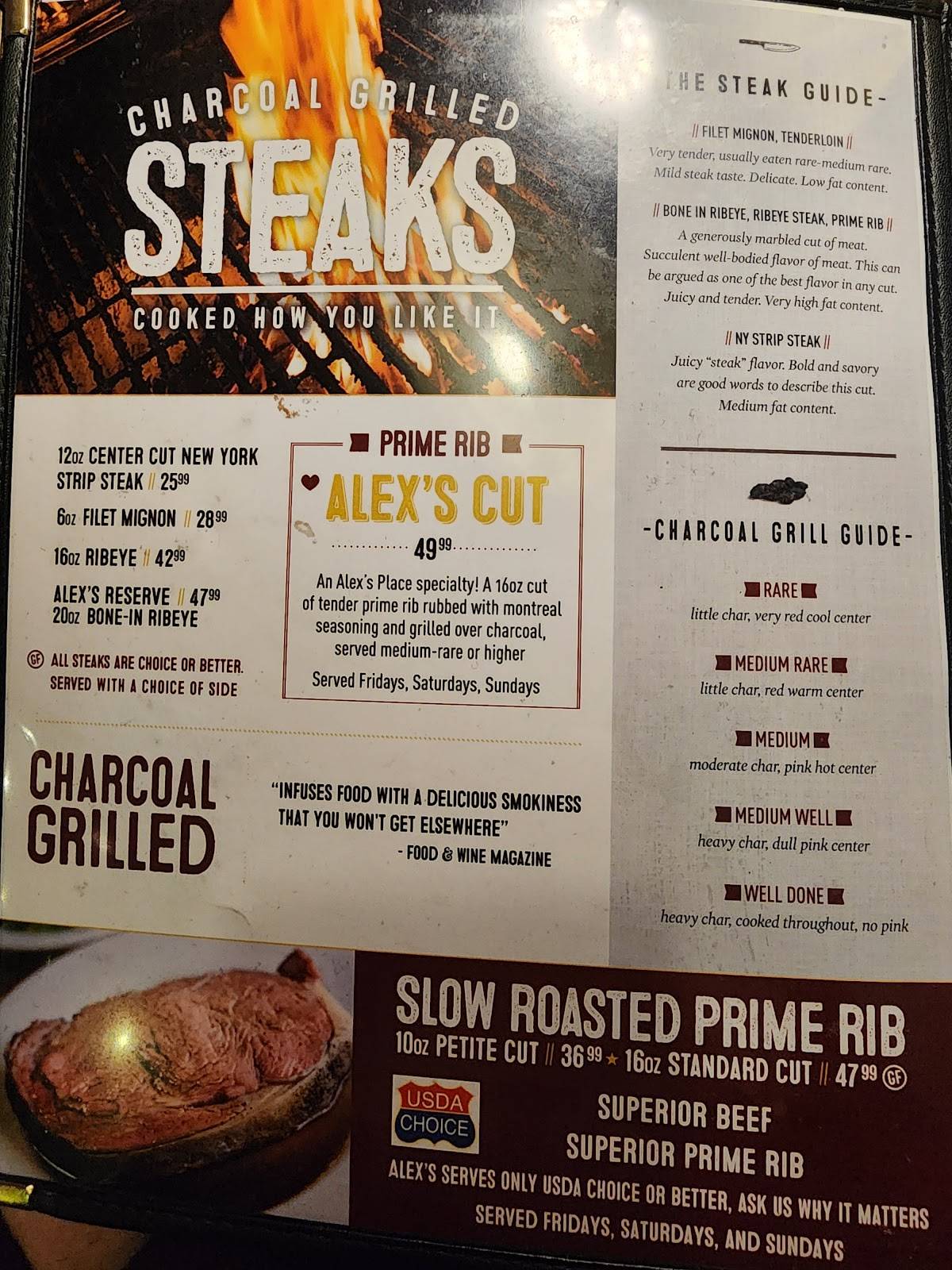 Menu at Alex's Place steakhouse, Batavia