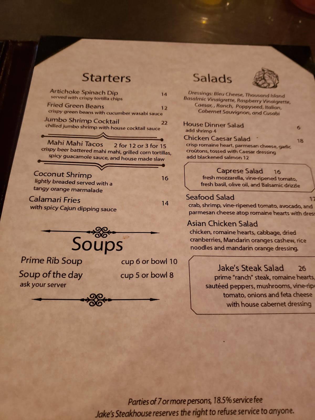 Menu at Jake's Steakhouse, Tehachapi