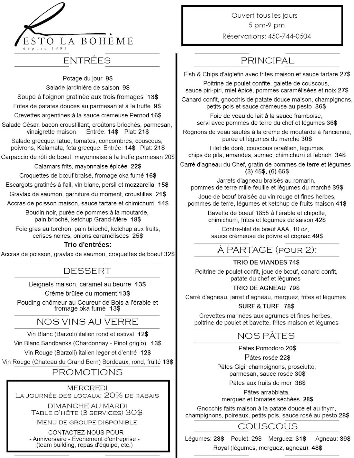 Menu de Bohème