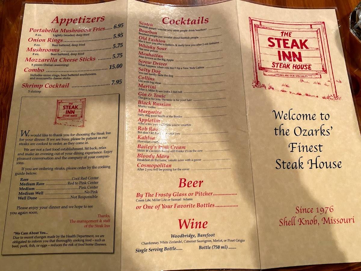 Menu at Steak Inn steakhouse, Shell Knob, Waters Edge Dr