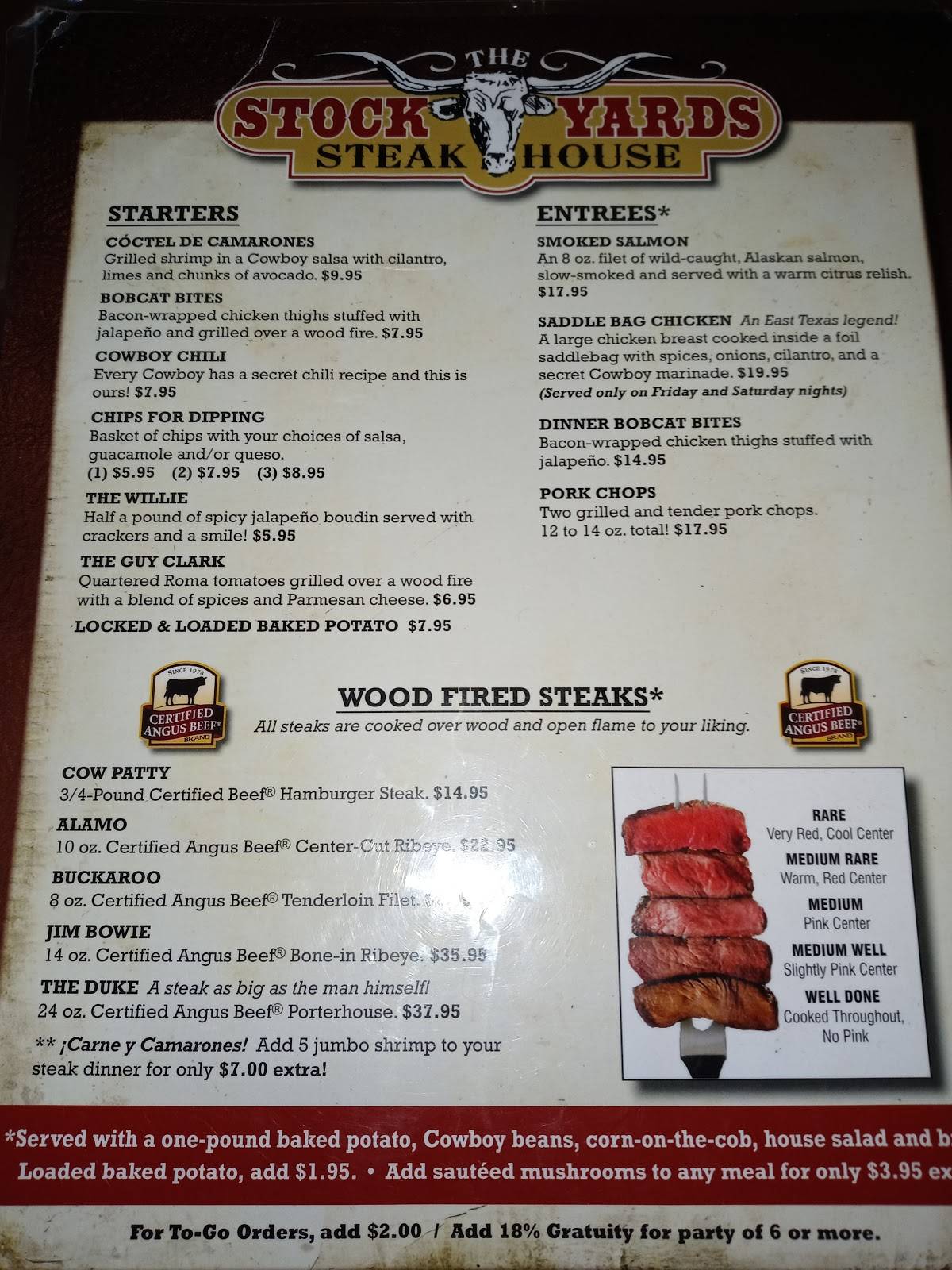Menu at The Stockyards Steakhouse, Gladewater, W Upshur Ave