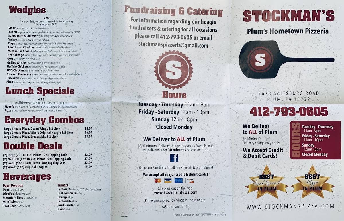 Menu at Stockman's Pizza pizzeria, Plum