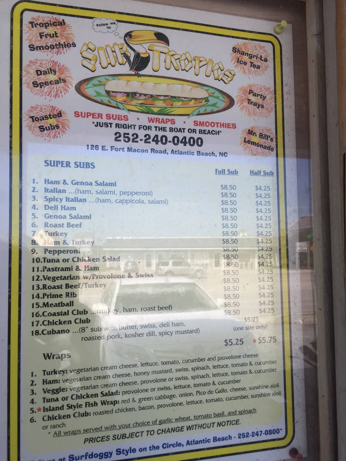 Menu at Sub Tropics fast food, Atlantic Beach, 126 E Fort Macon Rd
