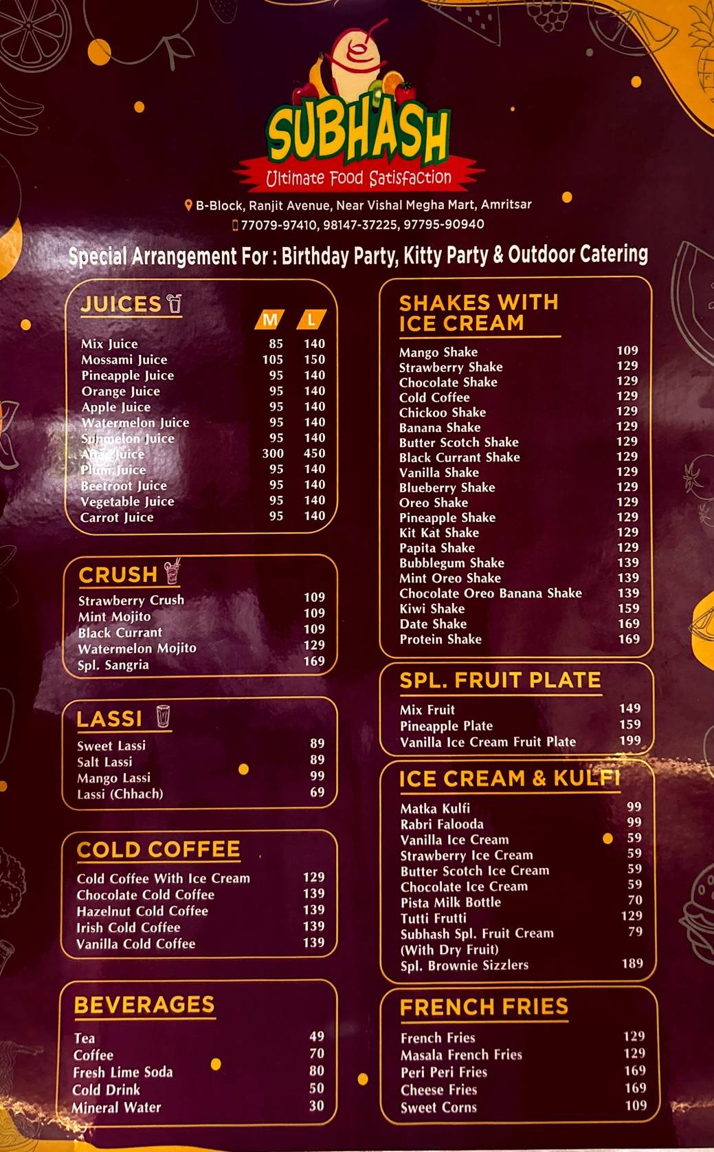 Subhash Juice Bar&Fast Food menu