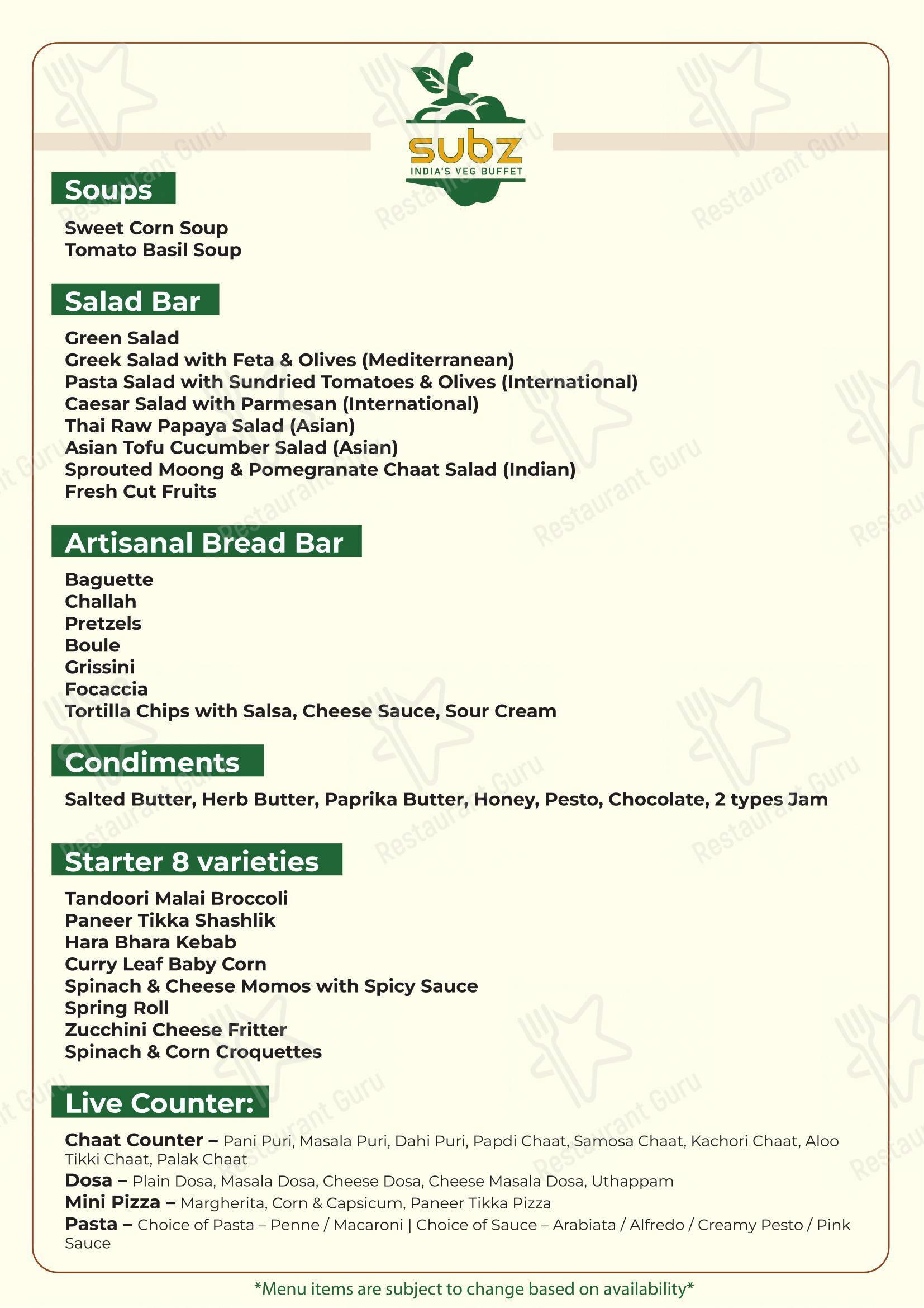 Menu for Subz in Bengaluru