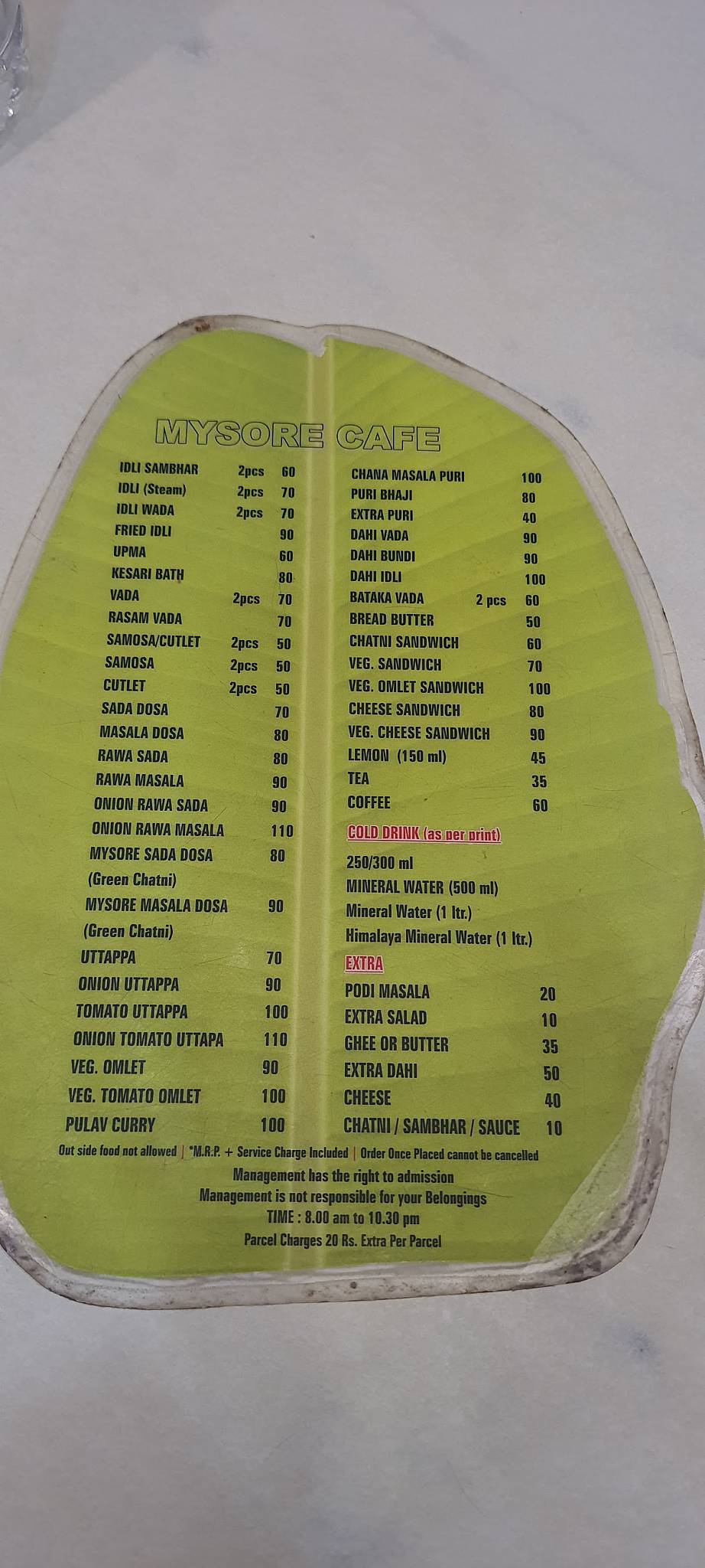 Mysore Cafe menu