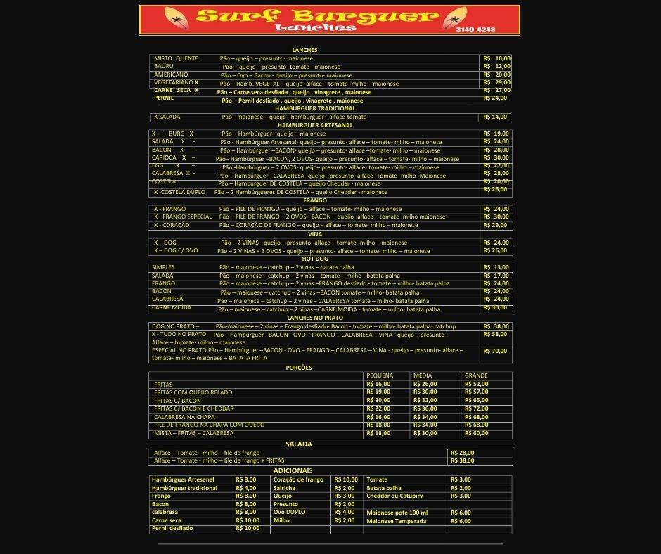 Surf Burguer Lanches cardápio
