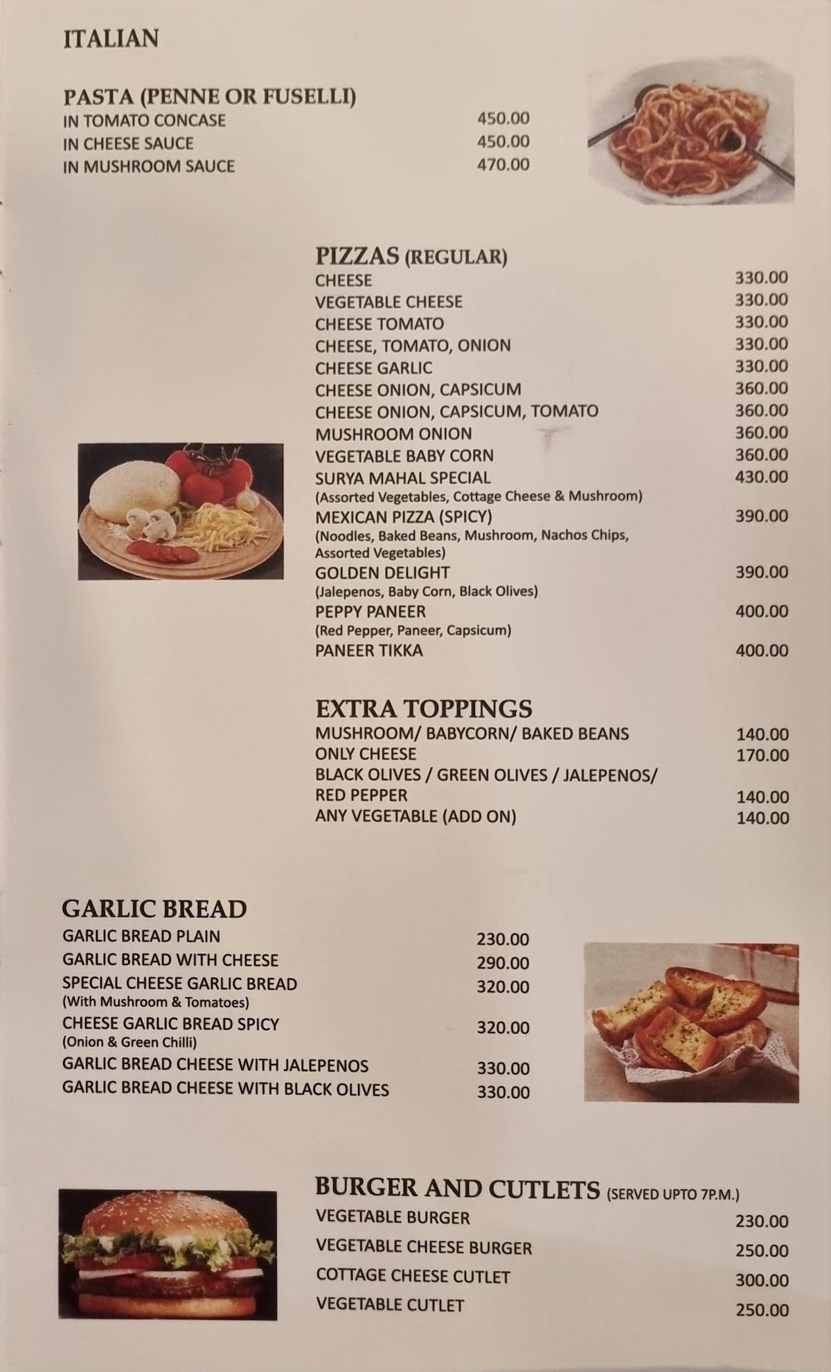 Surya Mahal menu