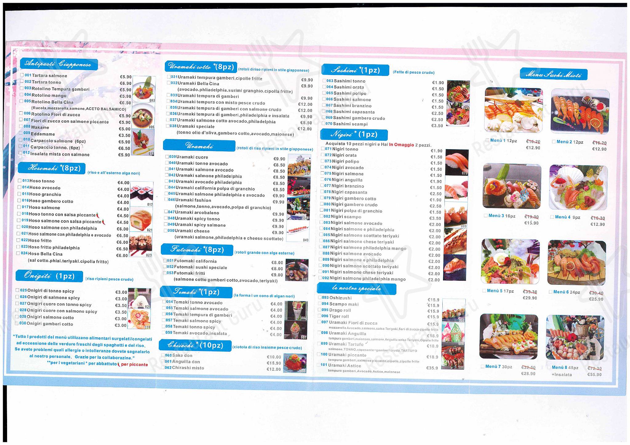 Menu di Hotel & Ristorante sushi Oro - piatti e bevande