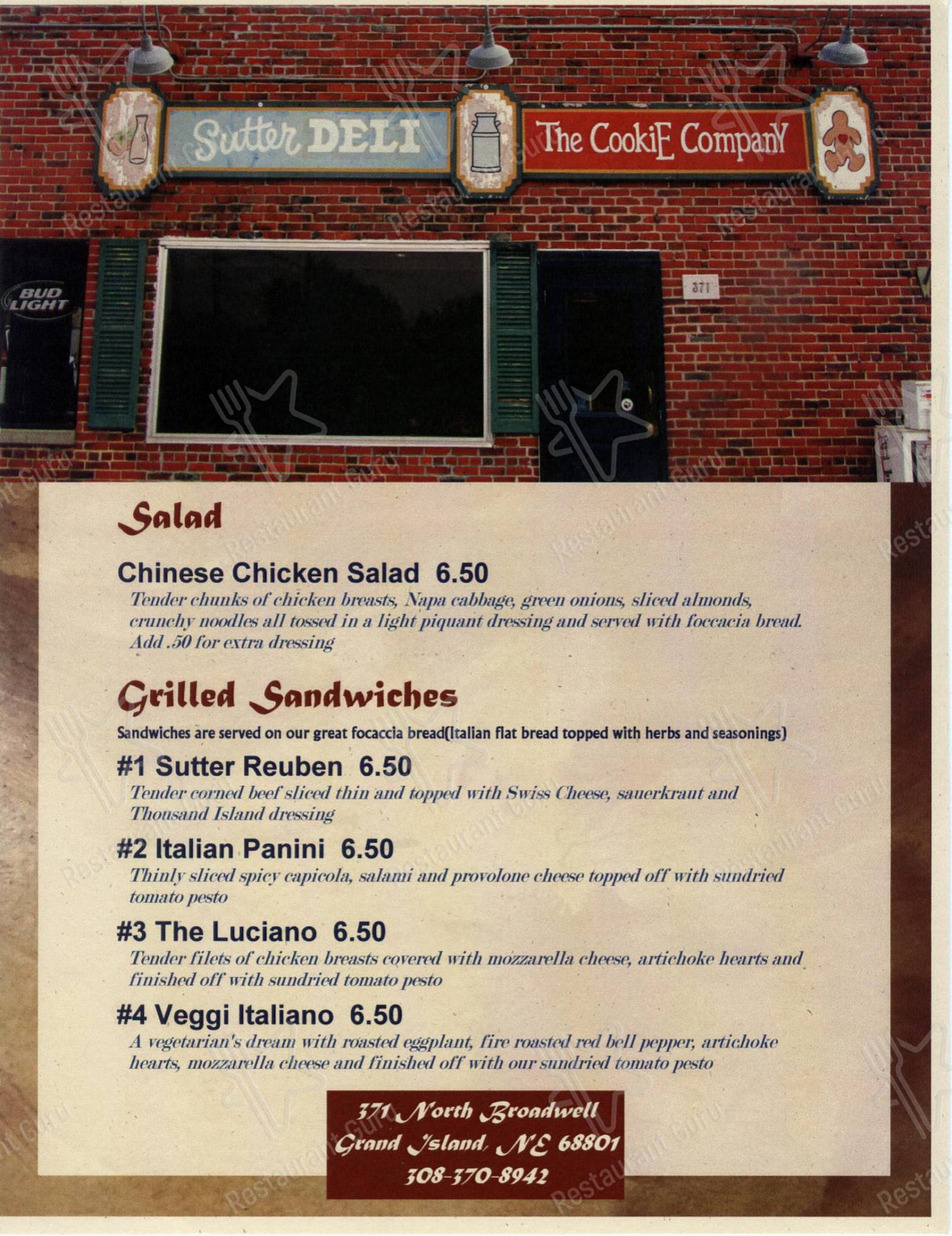 Menu at Sutter Deli restaurant, Grand Island