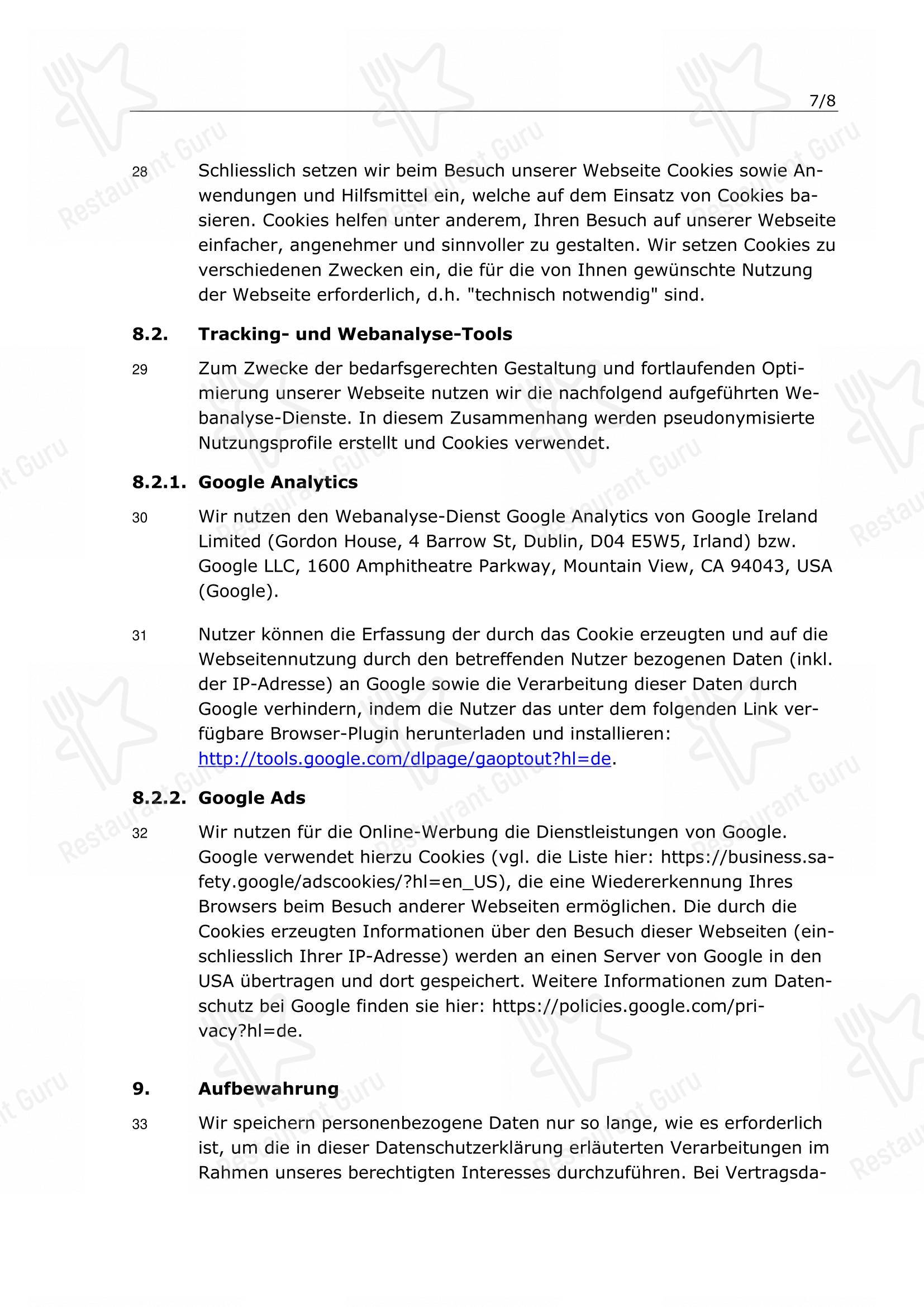 Menu per Swiss Chuchi Restaurant ristorante