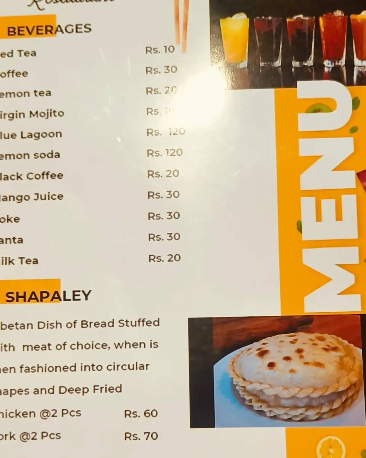 THE EARTHEN RESTAURANT menu