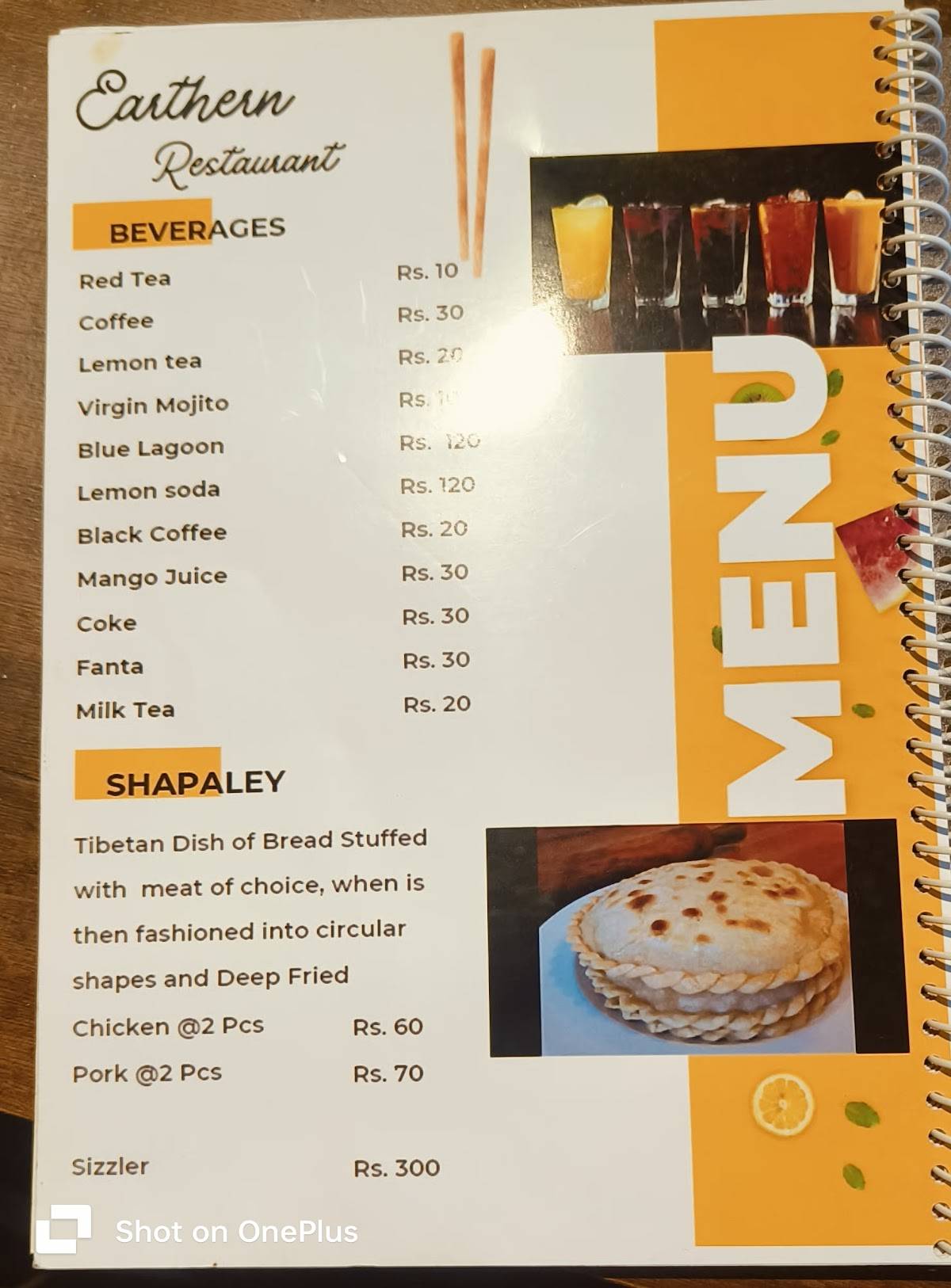 THE EARTHEN RESTAURANT menu