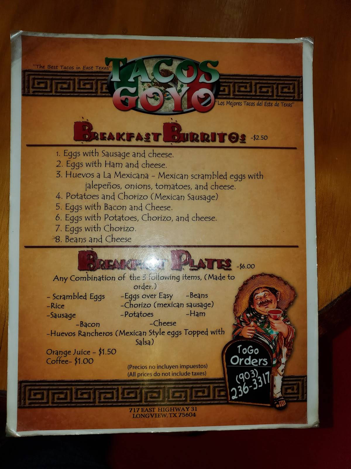 Menu At Tacos Goyo Restaurant Longview Tx