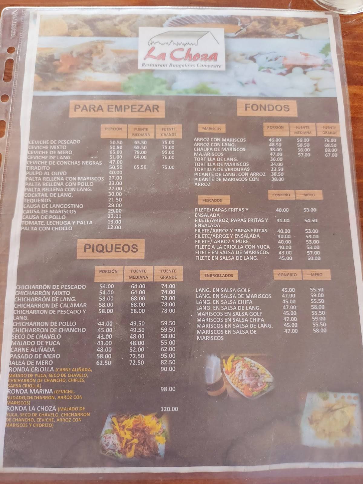 Carta del restaurante La Choza, Tambogrande