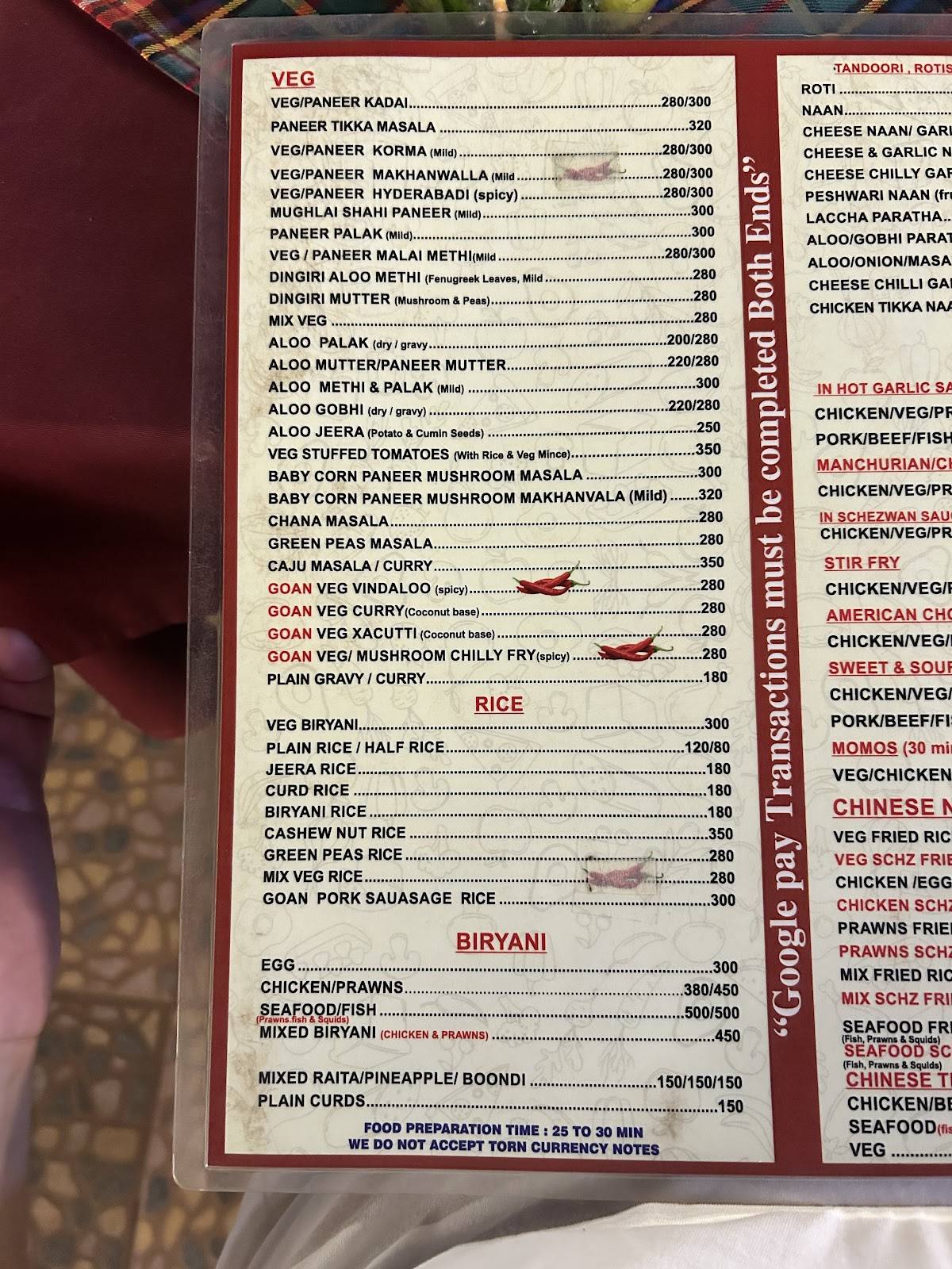 Taste of India Goa menu