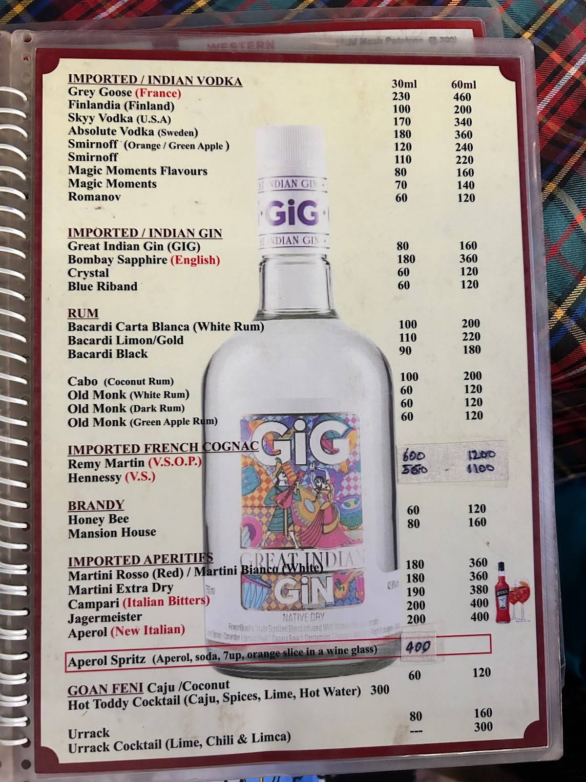 Taste of India Goa menu