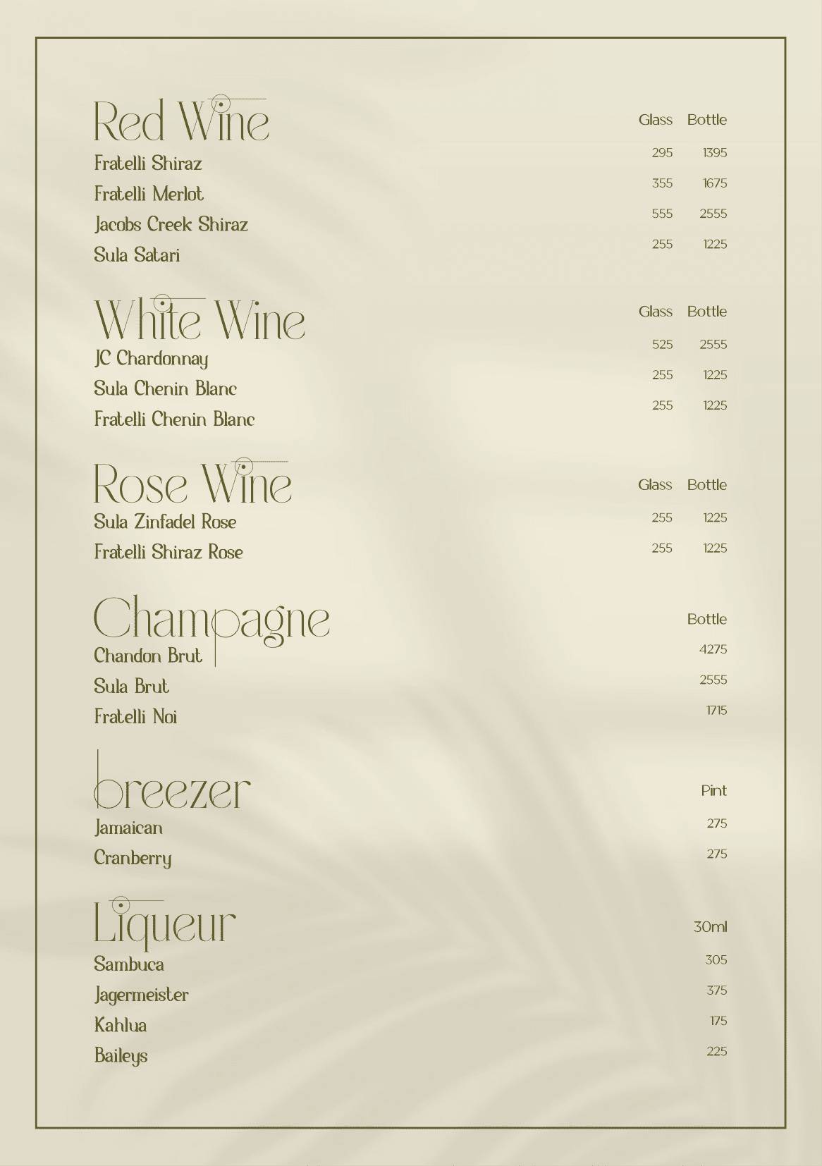 Tatini - Poolside Bar and Kitchen menu