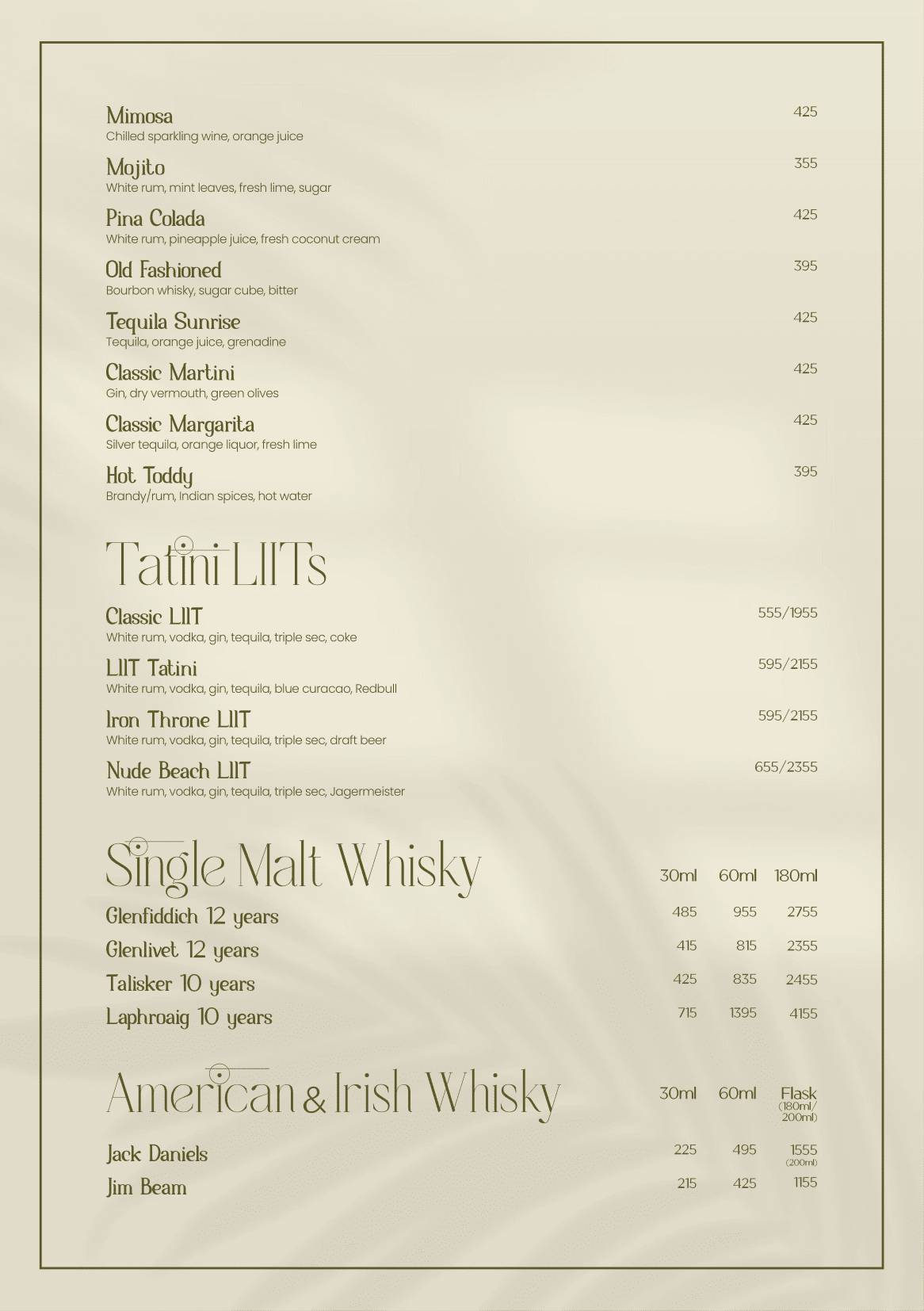 Tatini - Poolside Bar and Kitchen menu