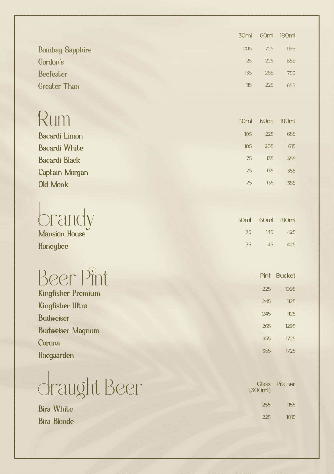 Tatini - Poolside Bar and Kitchen menu