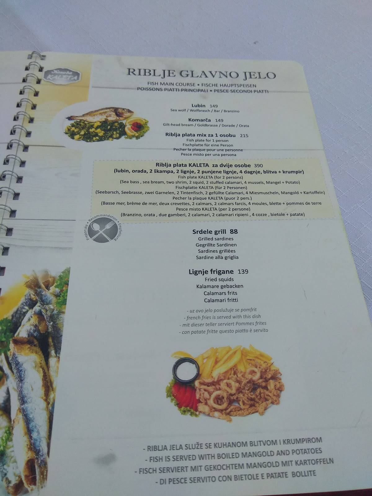 Menu di Tavern Kaleta Trogir 