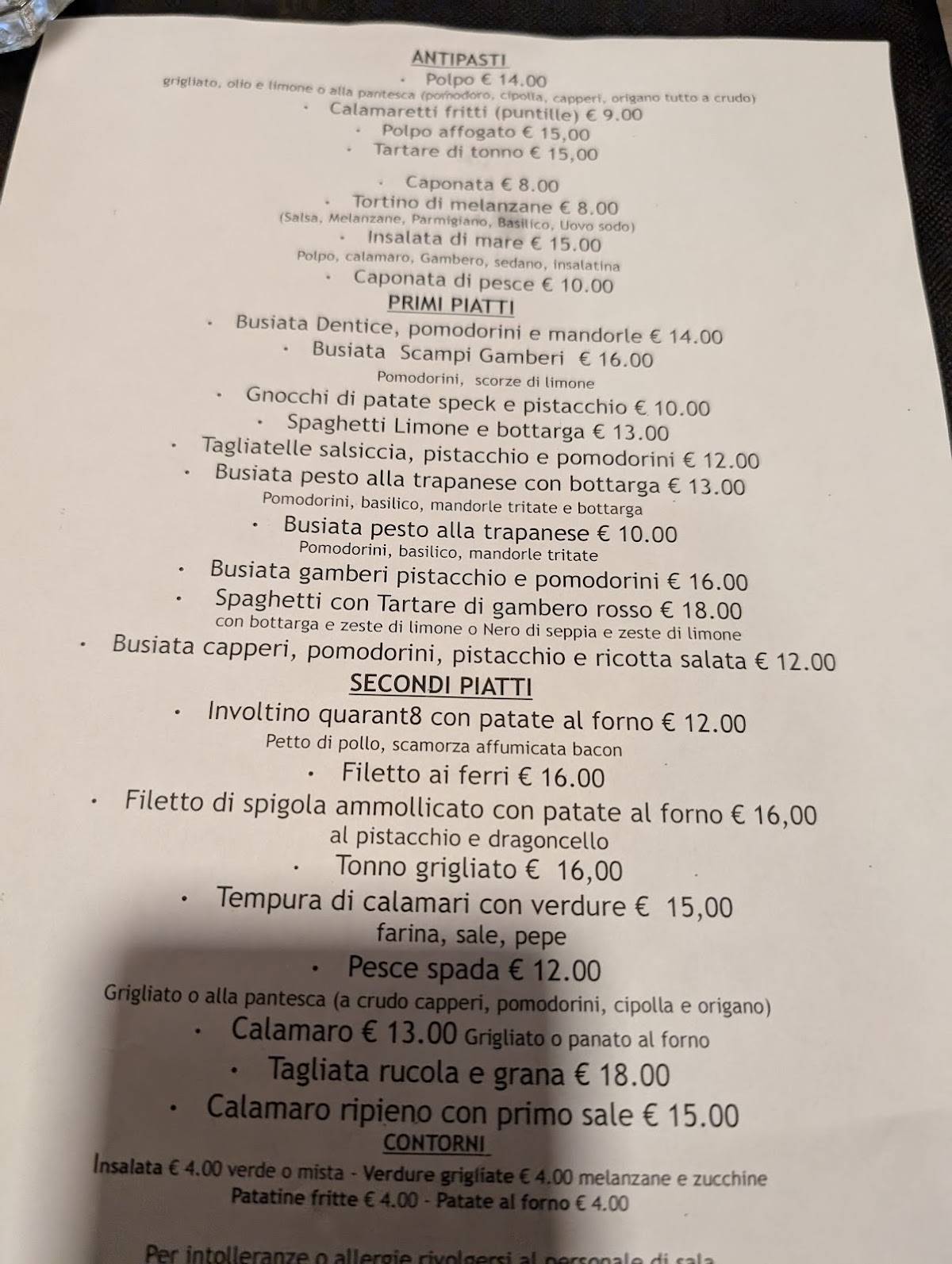 Menu di Taverna Quarant8 