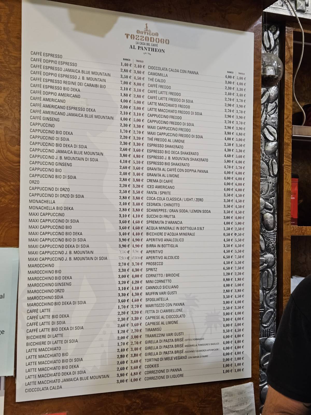 Menu di Caffè Tazza D'oro 