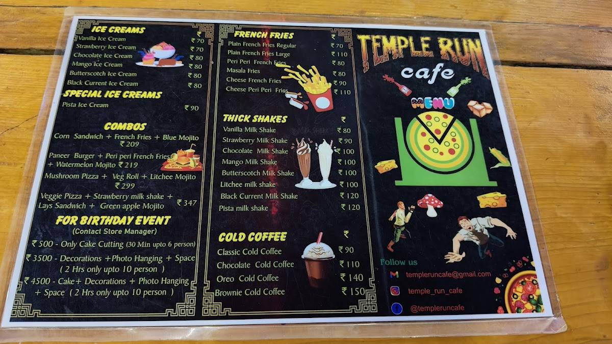 Temple Run Cafe menu