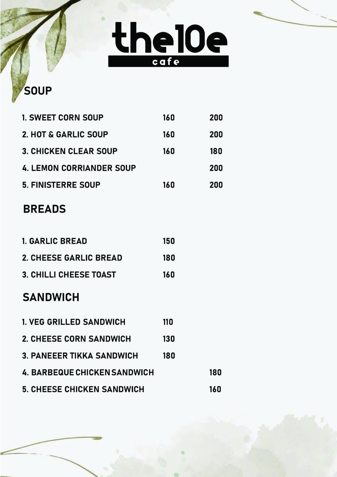 The 10e cafe menu