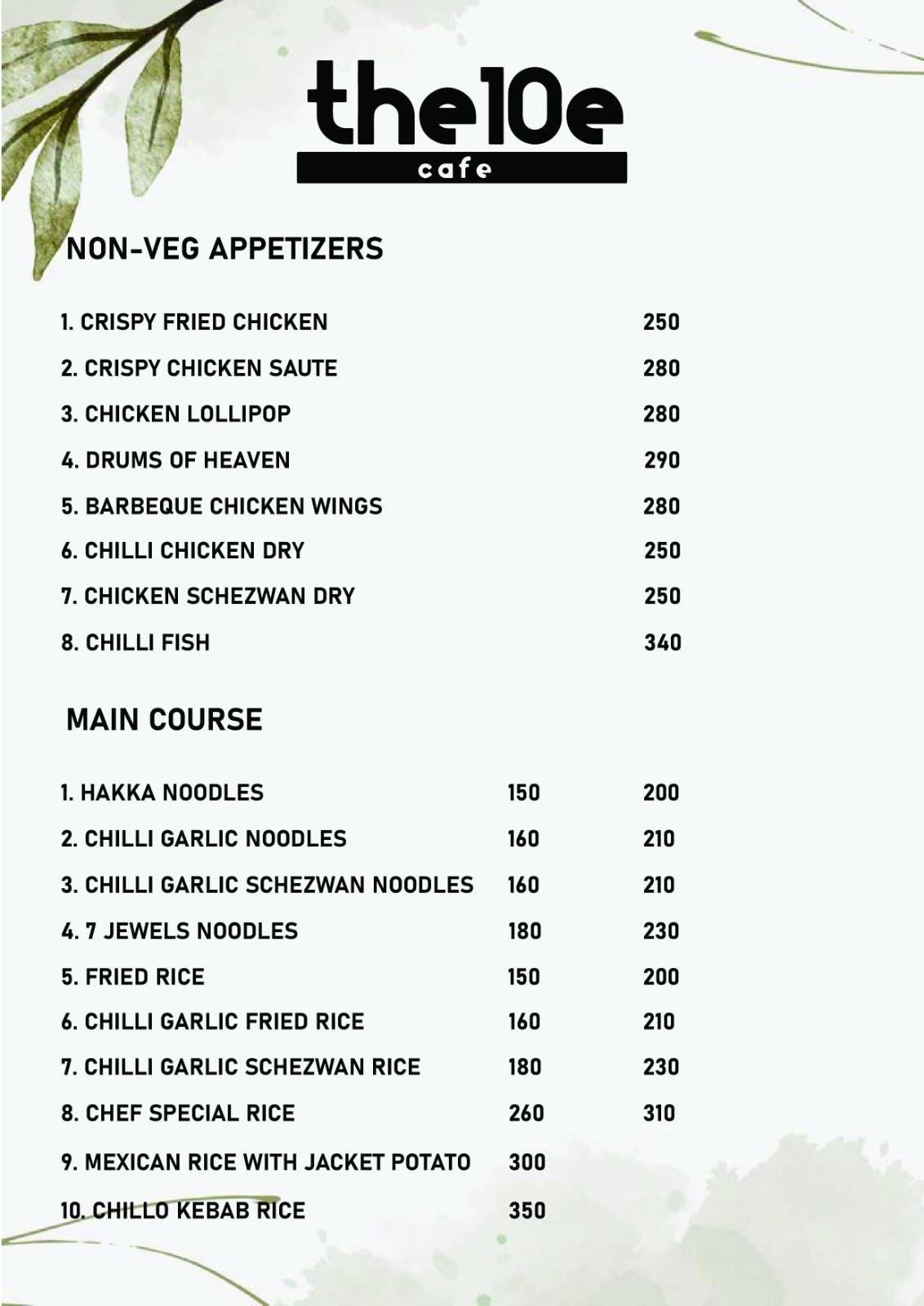 The 10e cafe menu