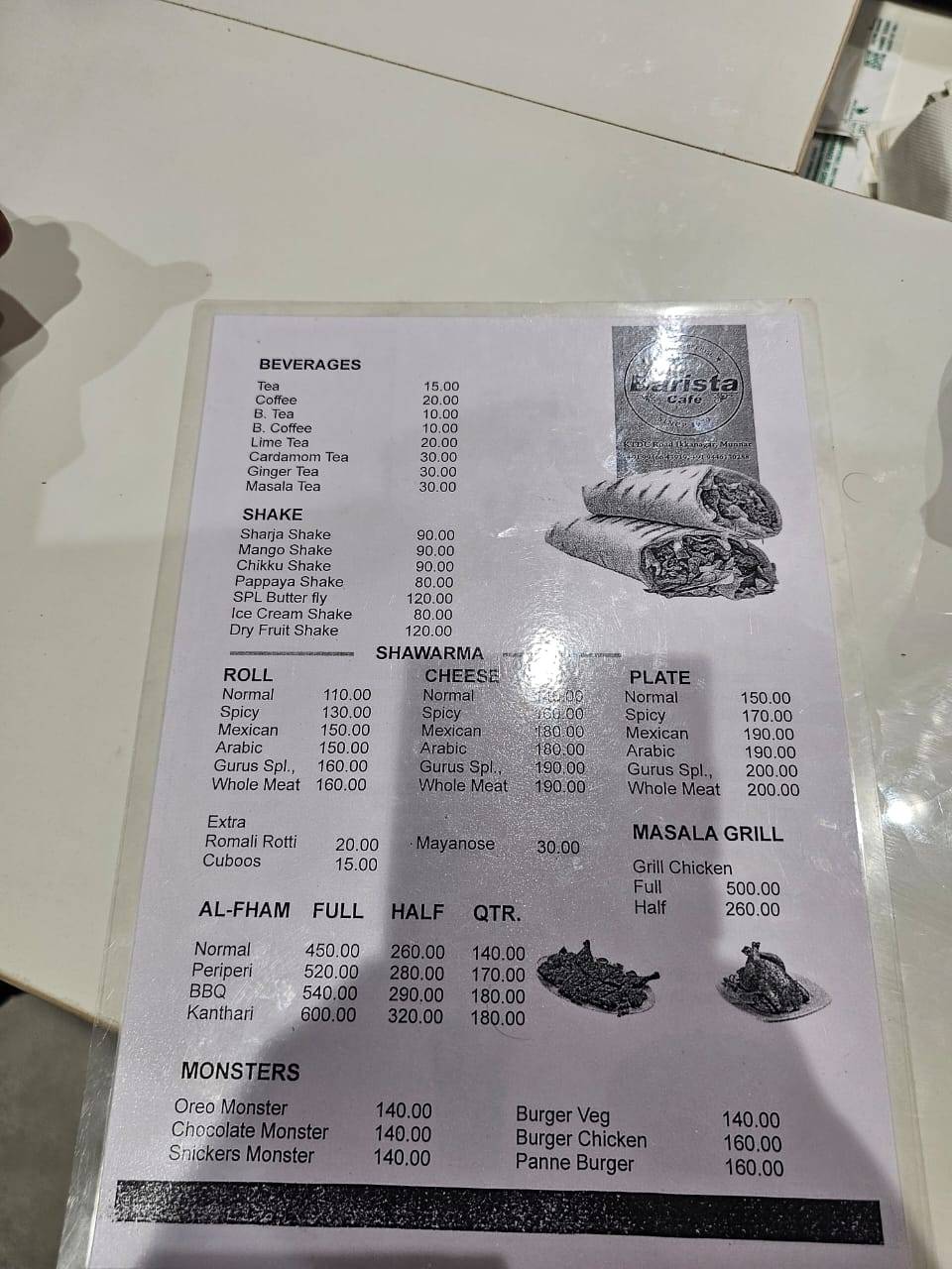 Menu at The Barista Cafe, Munnar