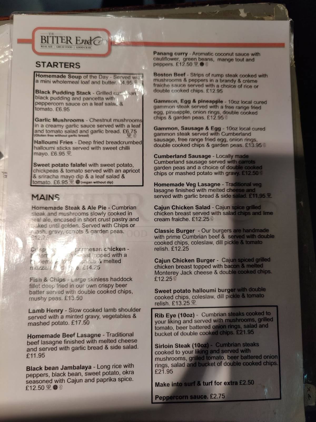 Menu at The Bitter End pub & bar, Cockermouth