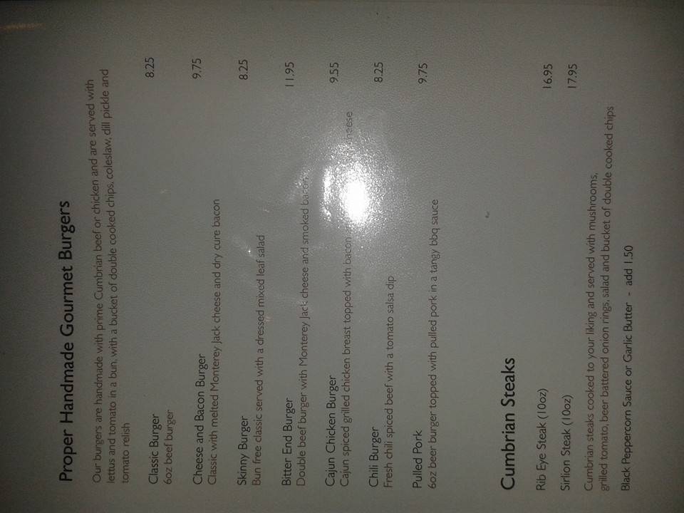 Menu at The Bitter End pub & bar, Cockermouth