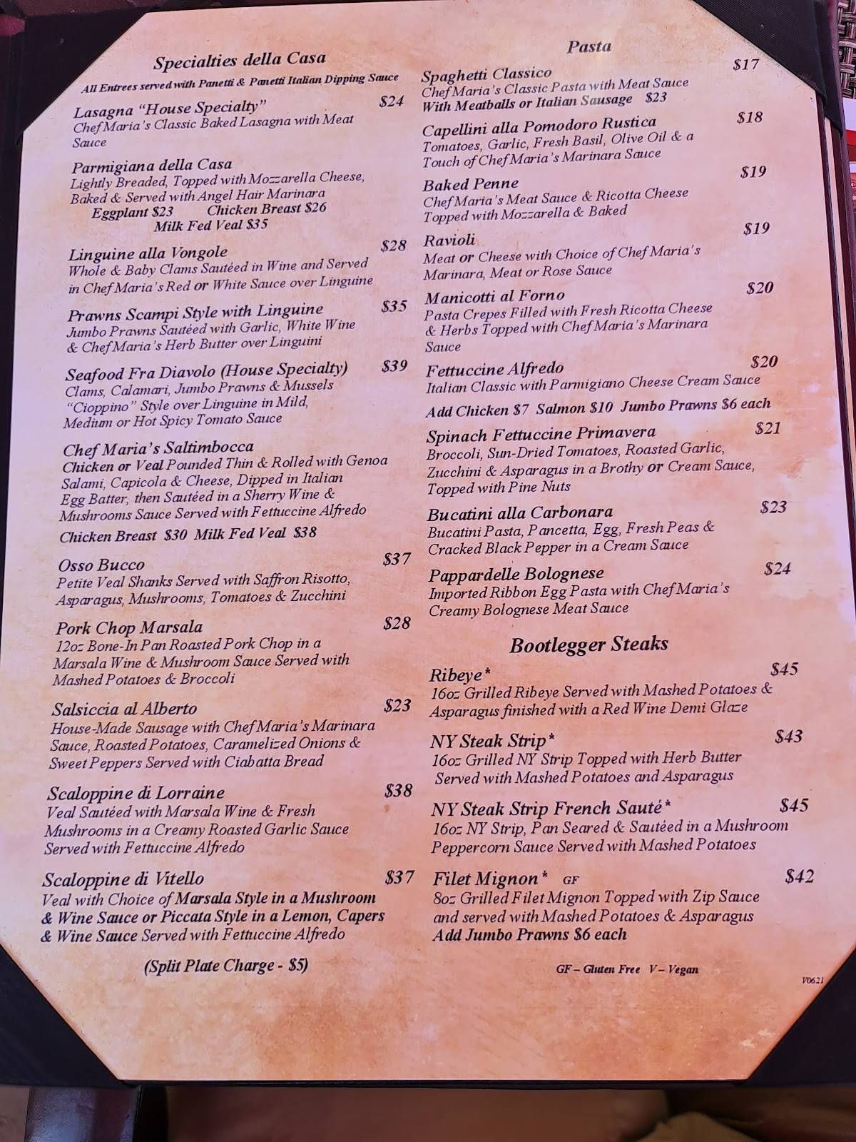 Menu at The Bootlegger Italian Bistro restaurant, Las Vegas