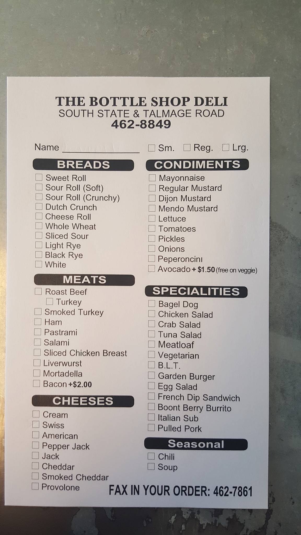 Menu at The Bottle Shop Deli restaurant, Ukiah, 152 Talmage Rd